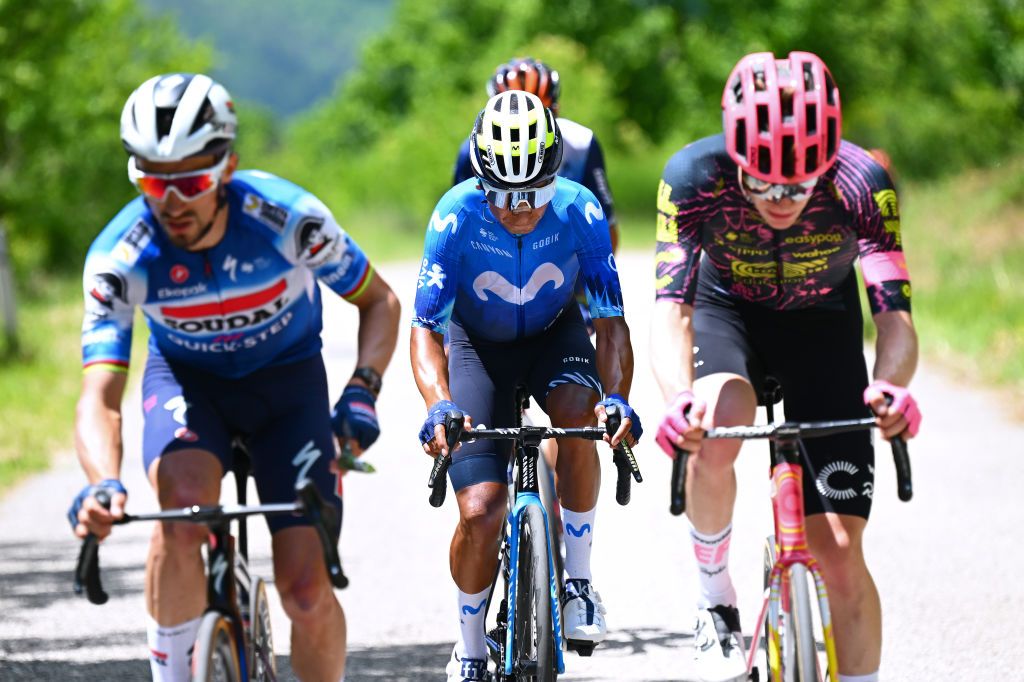 PRATI DI TIVO ITALY MAY 11 Nairo Quintana of Colombia and Movistar Team competes in the breakaway during the 107th Giro dItalia 2024 Stage 8 a 152km stage from Spoleto to Prati di Tivo 1451m UCIWT on May 11 2024 in Prati di Tivo Italy Photo by Tim de WaeleGetty Images