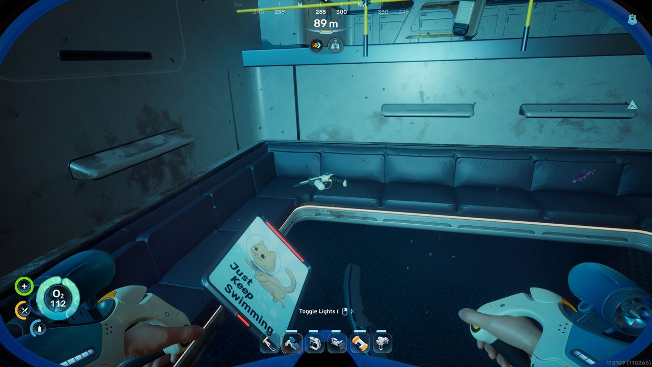Subnautica 2 Repair Tool: A player looking at a Repair Tool fragment to scan on a sofa inside a habitat.
