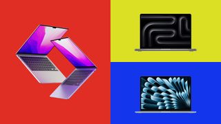 A selection of MacBooks on a tri-coloured background. 