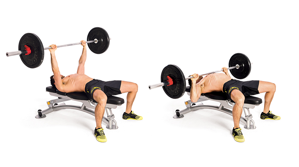 Man demonstrates two positions of the barbell bench press
