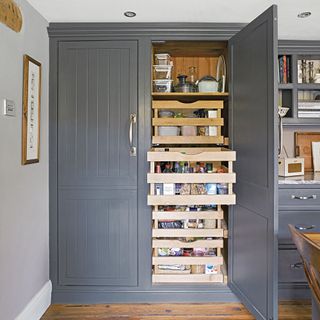 kitchen pantry with grey cupboard