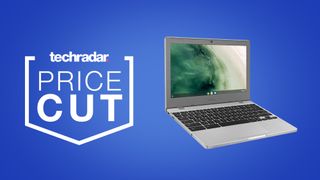Samsung Chromebook 4 on blue background with TechRadar price cut badge