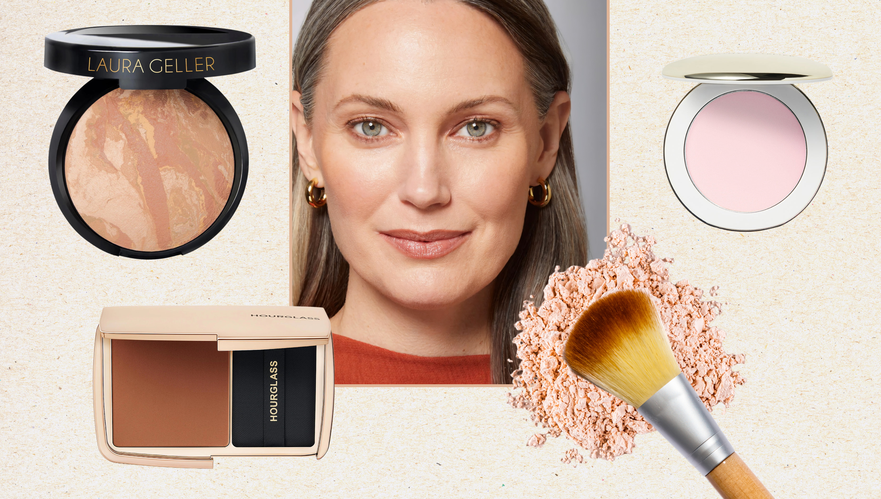 mature setting powder products on a beige background with a makeup brush and an older woman#039;s portrait with bare skin and gray hair in the middle