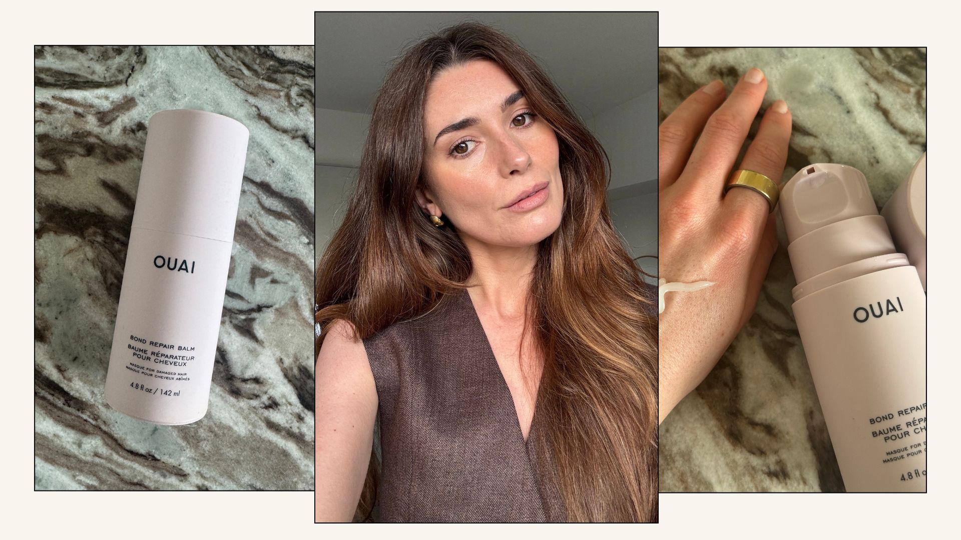 a collage of images of the Ouai Bond Repair Balm and a selfie of Eleanor Vousden's hair