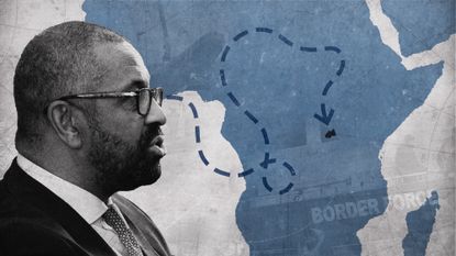 Photo collage of James Cleverly and a dashed, snaking line with an arrow pointing towards a flat image of the continent of Africa. Rwanda is highlighted as destination.