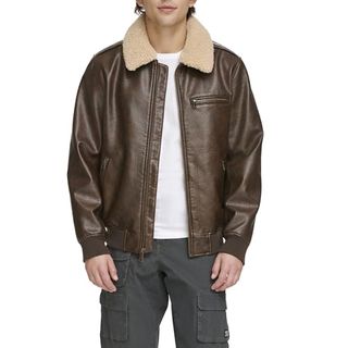 Levi's Men's Faux Leather Aviator Bomber Jacket With Sherpa Collar, Brown