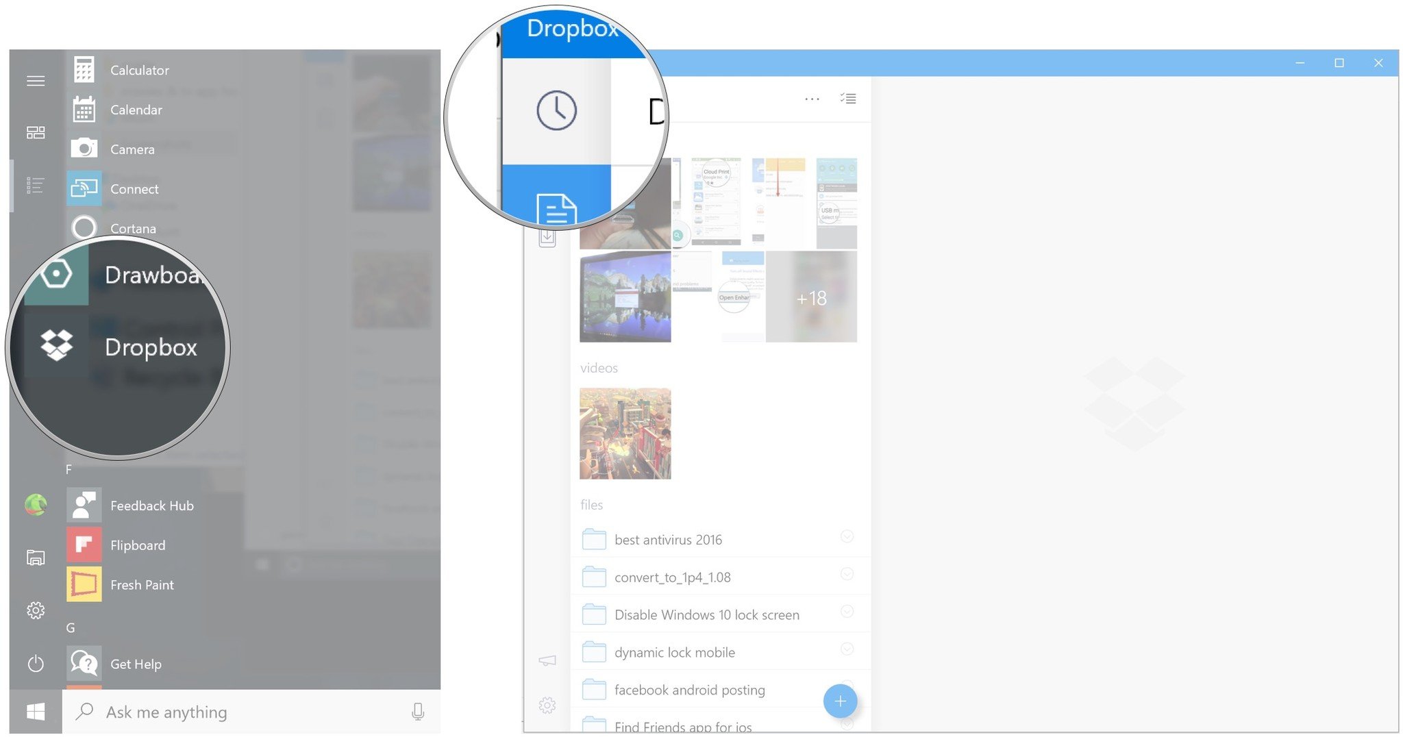 Launch Dropbox. Click the Recents button.