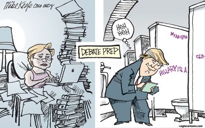 Political cartoon U.S. election 2016 Hillary Clinton Donald Trump debate prep