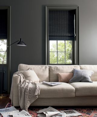 Dark grey living room with pale couch, dark grey blind