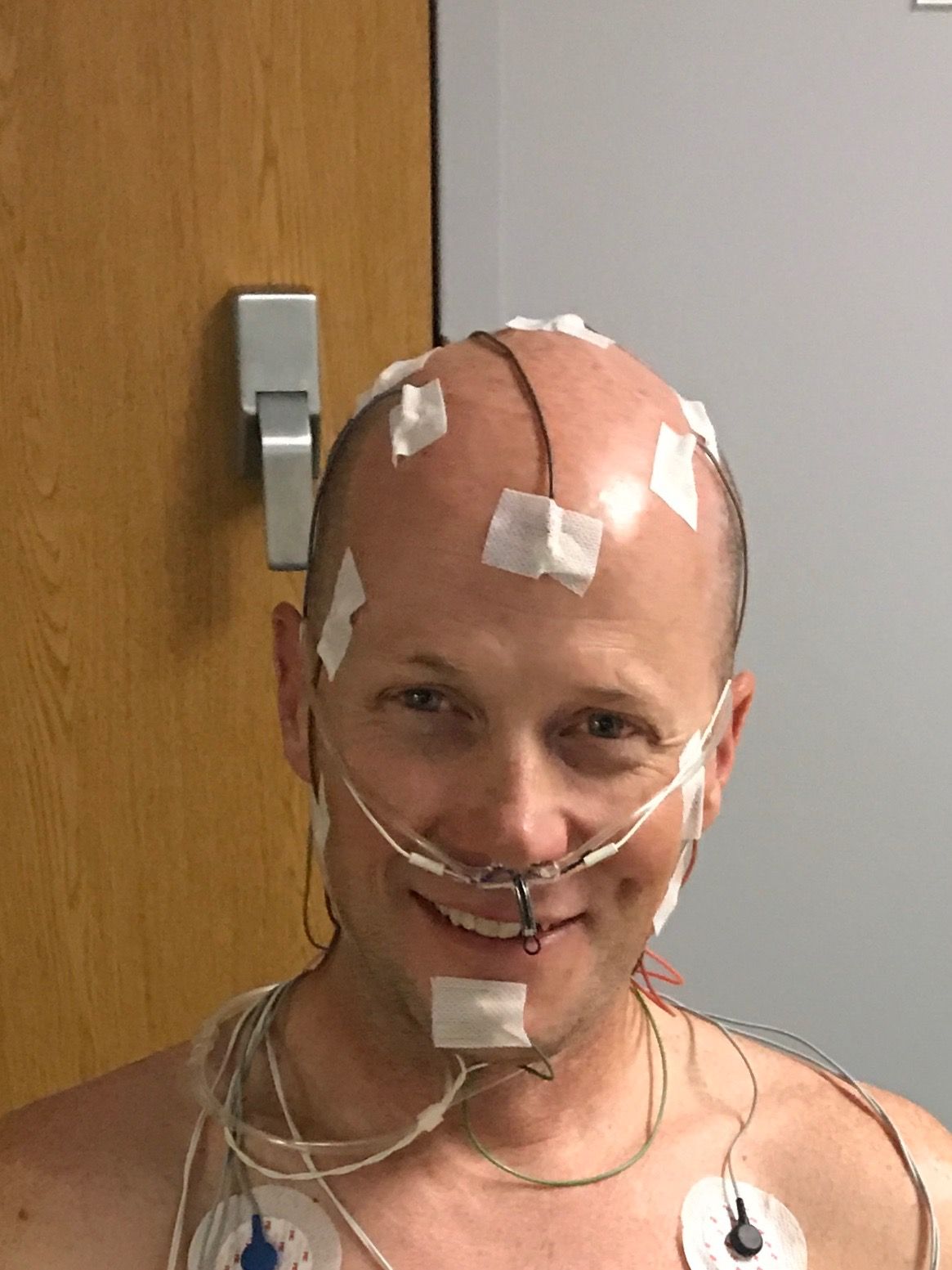 Chris Horner is wired up at the hospital for a sleep test