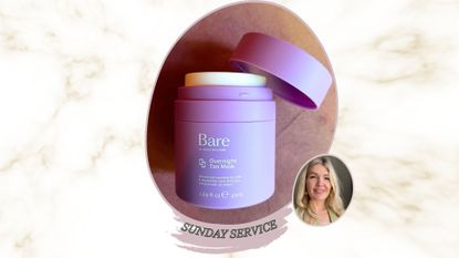 An image of Bare by Vogue overnight tan mask in a purple tub with the lid ajar on a pink background next to an image of Fiona McKim with blonde hair in a green blazer