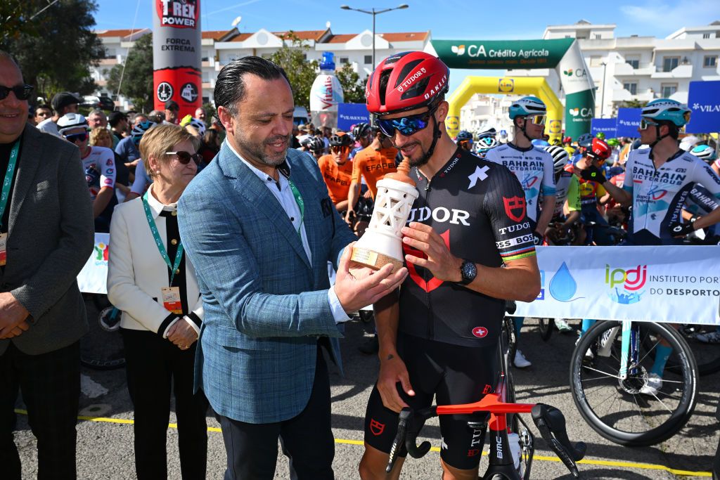 LAGOA PORTUGAL FEBRUARY 20 Julian Alaphilippe of France and Tudor Pro Cycling Team prior to the 51st Volta ao Algarve em Bicicleta Stage 2 a 1776km stage from Lagoa to Alto da Foia 869m on February 20 2025 in Lagoa Portugal Photo by Tim de WaeleGetty Images