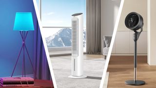 The image is split into three parts, the left panel shows a blue smart light, the middle an evaporator fan in front of a window overlooking a mountain, and the last panel showing an air circulating fan.