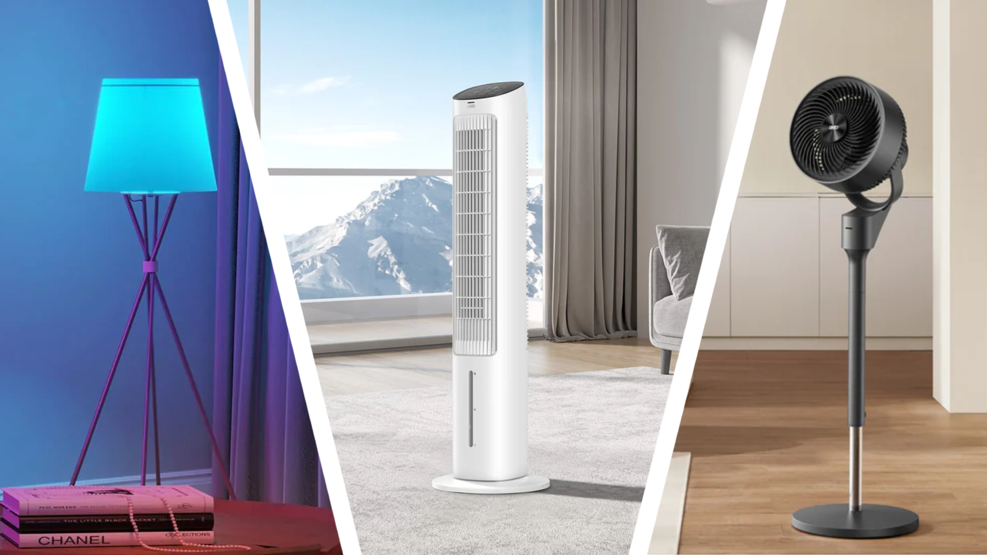 The image is split into three parts, the left panel shows a blue smart light, the middle an evaporator fan in front of a window overlooking a mountain, and the last panel showing an air circulating fan.