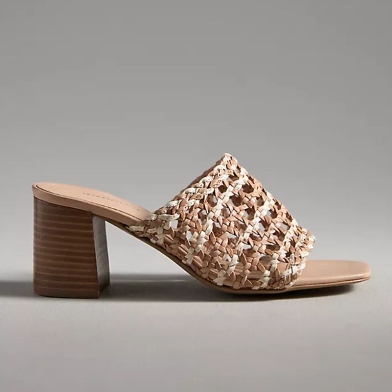 woven cream heeled open toe mules