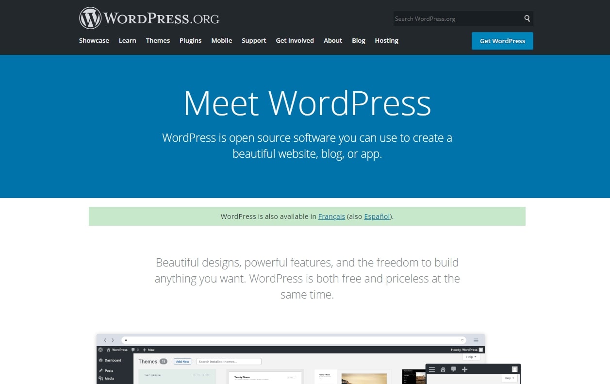 Homepage of WordPress, one of the best website builders for videographers, with text introducing WordPress