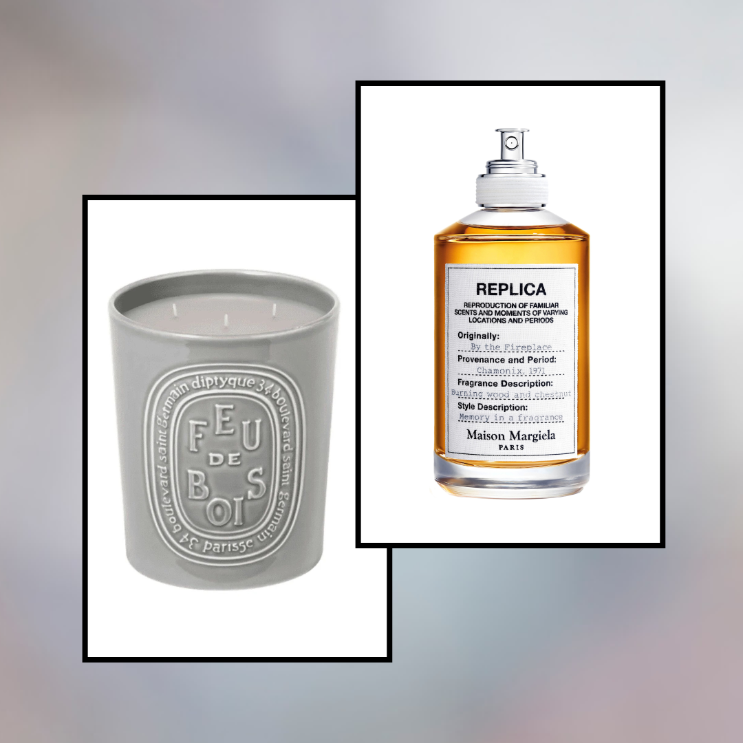 Product collage of maison margiela replica by the fireplace perfume, diptyque Feu De Bois (wood Fire) Candle on white background with black border overlaid on gradient background