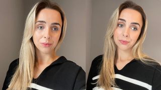 How CHANEL N°1 de CHANEL Revitalizing Foundation looked on its own (left) and with the rest of my makeup (right)