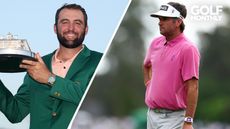 Scottie Scheffler holds the Masters trophy and Bubba Watson lines up a putt