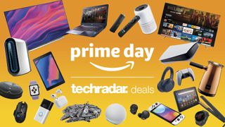 'Prime Day' and 'TechRadar deals' logos, surrounded by a selection of products