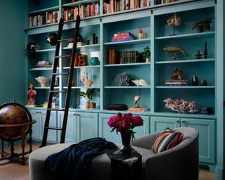 library room with blue built in shelving and ladder