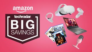 Amazon logo over TechRadar logo with word "Big Savings", next to the Meta Quest 2, Dell G15 laptop, 3 PS5 games and the Razer Seiren Mini microphone on a pink background.