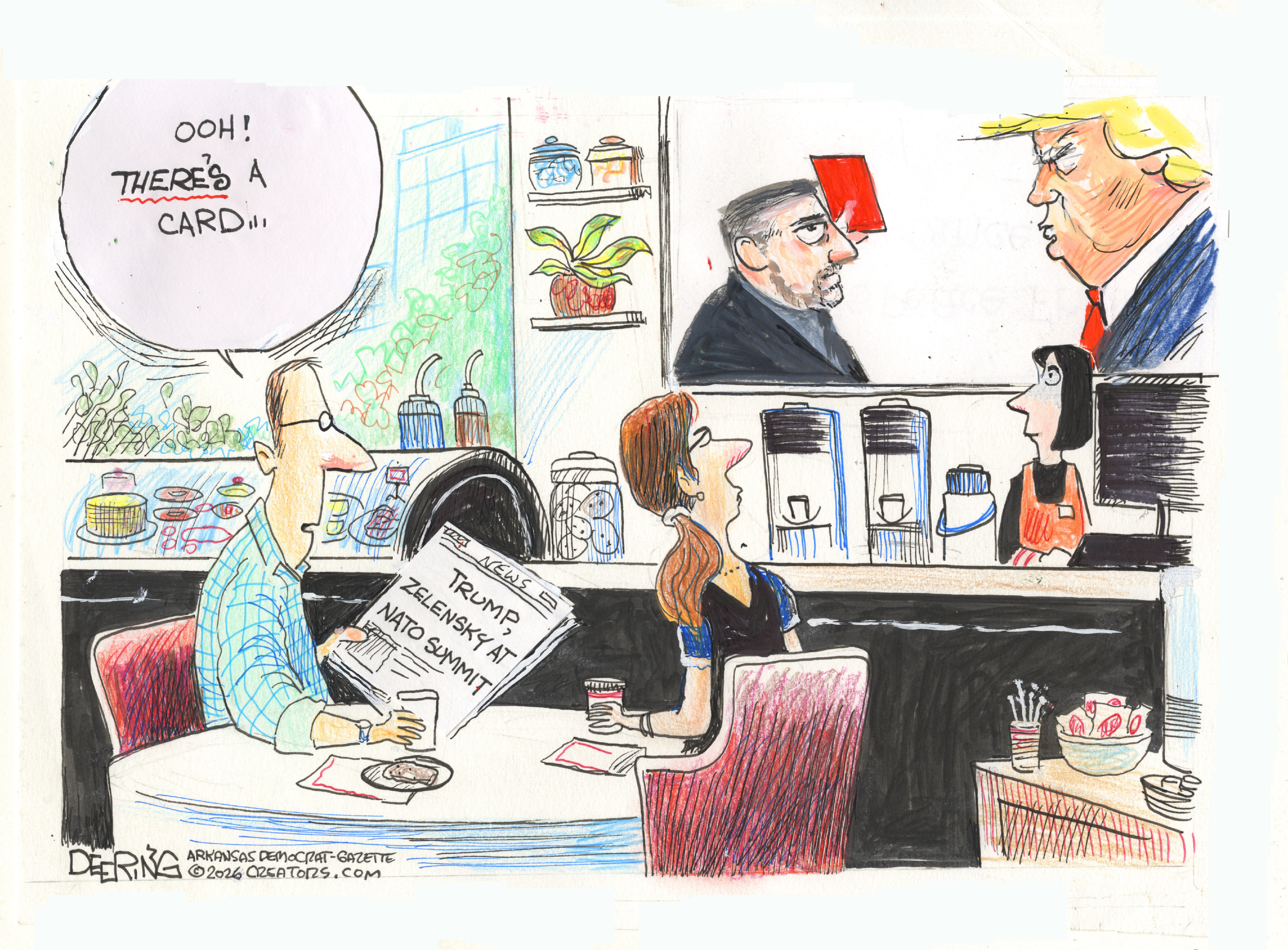 A man and a woman are seated at a table in a casual restaurant and watch Donald Trump and Volodymyr Zelenskyy on a television behind the bar. Zelenskyy holds up a red card to Trump and the man at the table says, &amp;ldquo;Oh! There&amp;rsquo;s a card.&amp;rdquo;