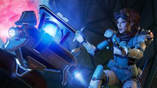 best crossplay games: Horizon from Apex Legends slowly approaching a machine that glows with blue light