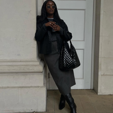 Rebekah in a charcoal grey pencil skirt