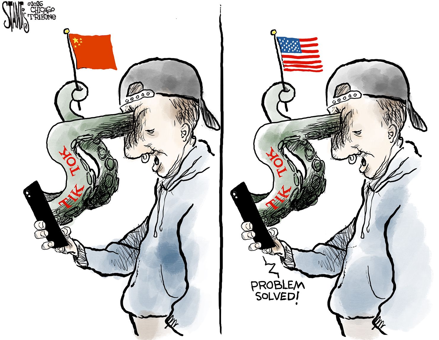 
                                This is a two-panel cartoon with the same young man on both sides. He wears a backward baseball cap and has a nose ring. On the left side, the young man is watching Tik Tok on his phone. Tentacles come out of the phone holding a Chinese flag and pierce directly to the inside of the man’s head. On the right side, the same tentacles come out of the phone and are holding an American flag as they pierce the man’s head. The phone says, “Problem Solved!”
                            