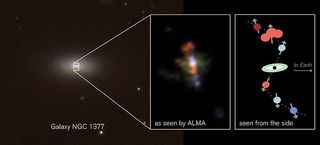 A close-up look at a dust-shrouded galaxy reveals an usual cool, "dark" jet. The color-coded image from ALMA shows red gas clouds moving away from the observer and blue clouds moving toward the observer.