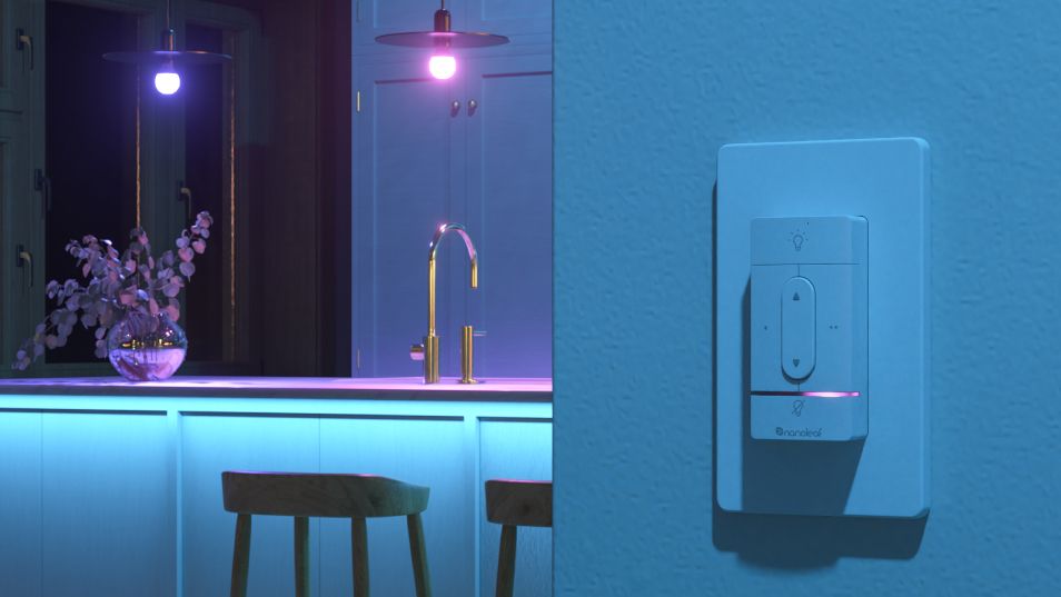 The Nanoleaf Sense Plus light switch on a wall