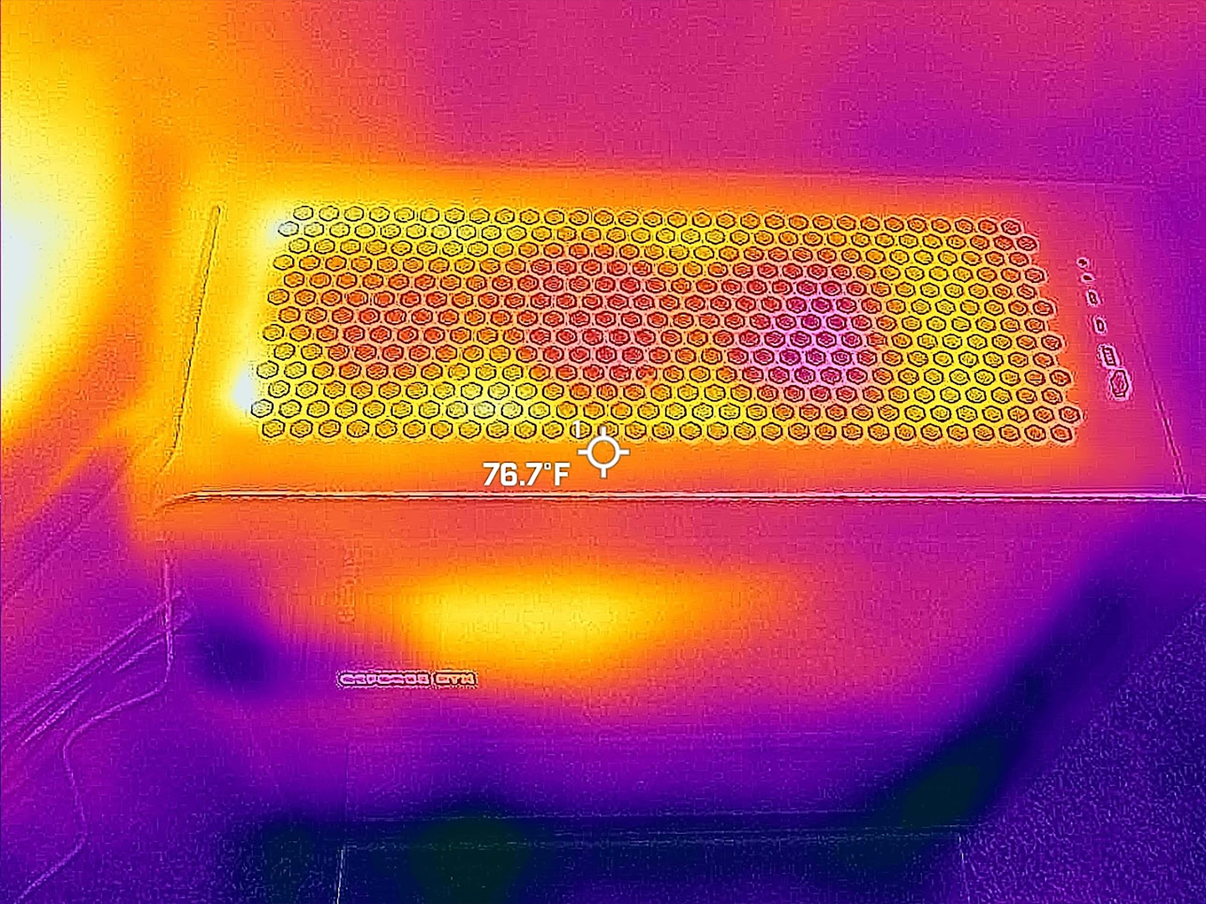 Photo taken with a thermal camera that shows the Area-51 Desktop's top vent isn't nearly as hot as the CPU or GPU.