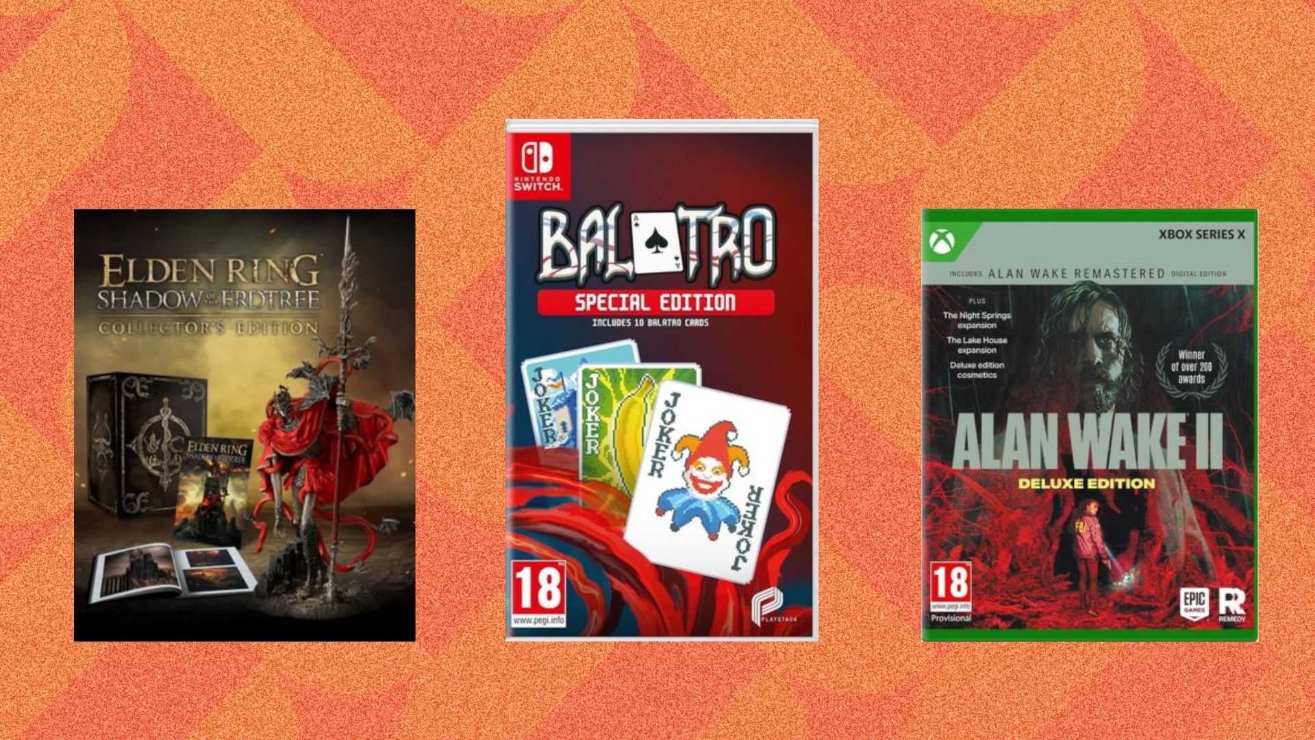 Three games listed that are on sale during the Prime Day sale including Elden Ring: Shadow of the Erdtree Collector's Edition, Balatro and Alan Wake II 