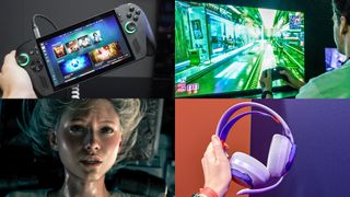 ROG Xbox Ally X, Person playing game on display, Resident Evil Requiem, and person holding JBL Quantum headset in compilation image