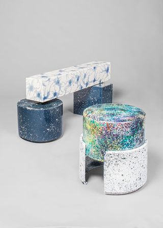 Pictured is 'Never Too Much (Bench 2)' (left) and 'Never Too Much (Stool 4)', 2013 (right)