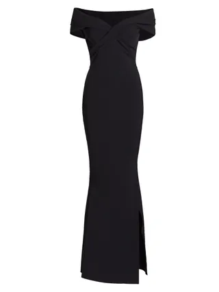 Black off the shoulder evening dress on a white background