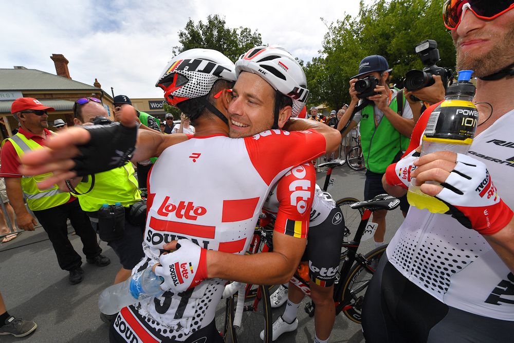 Happier times for Caleb Ewan and crew before the sprinter was relegated after stage 5 at the Tour Down Under