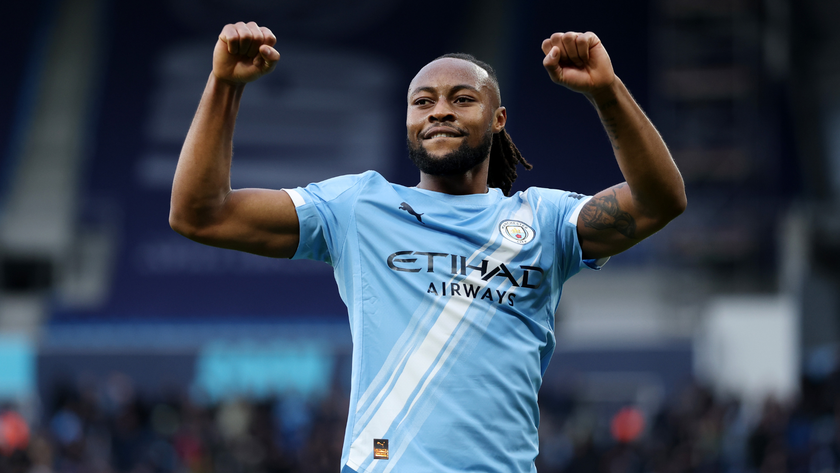 Antoine Semenyo of Manchester City celebrates scoring his team's second goal during the Premier League match between Manchester City and Wolverhampton Wanderers at Etihad Stadium on January 24, 2026 in Manchester, England.