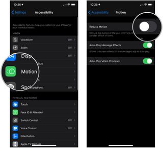 How to reduce motion, showing how to tap Motion, then tap the Reduce Motion switch