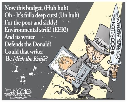 Political cartoon U.S. Mick Mulvaney Trump budget cuts social services environment
