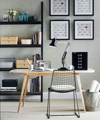 home office with work desk chair and bookcase