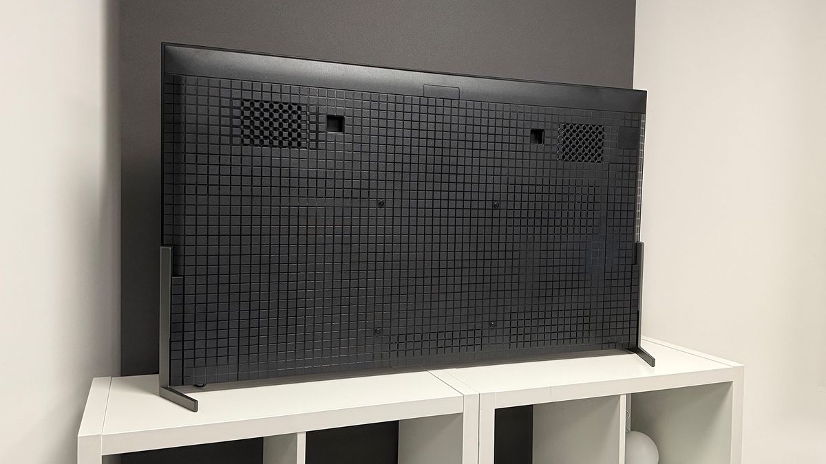 The 55-inch Sony Bravia 8 II QD-OLED TV photographed on a white table. On the screen is a nature documentary.