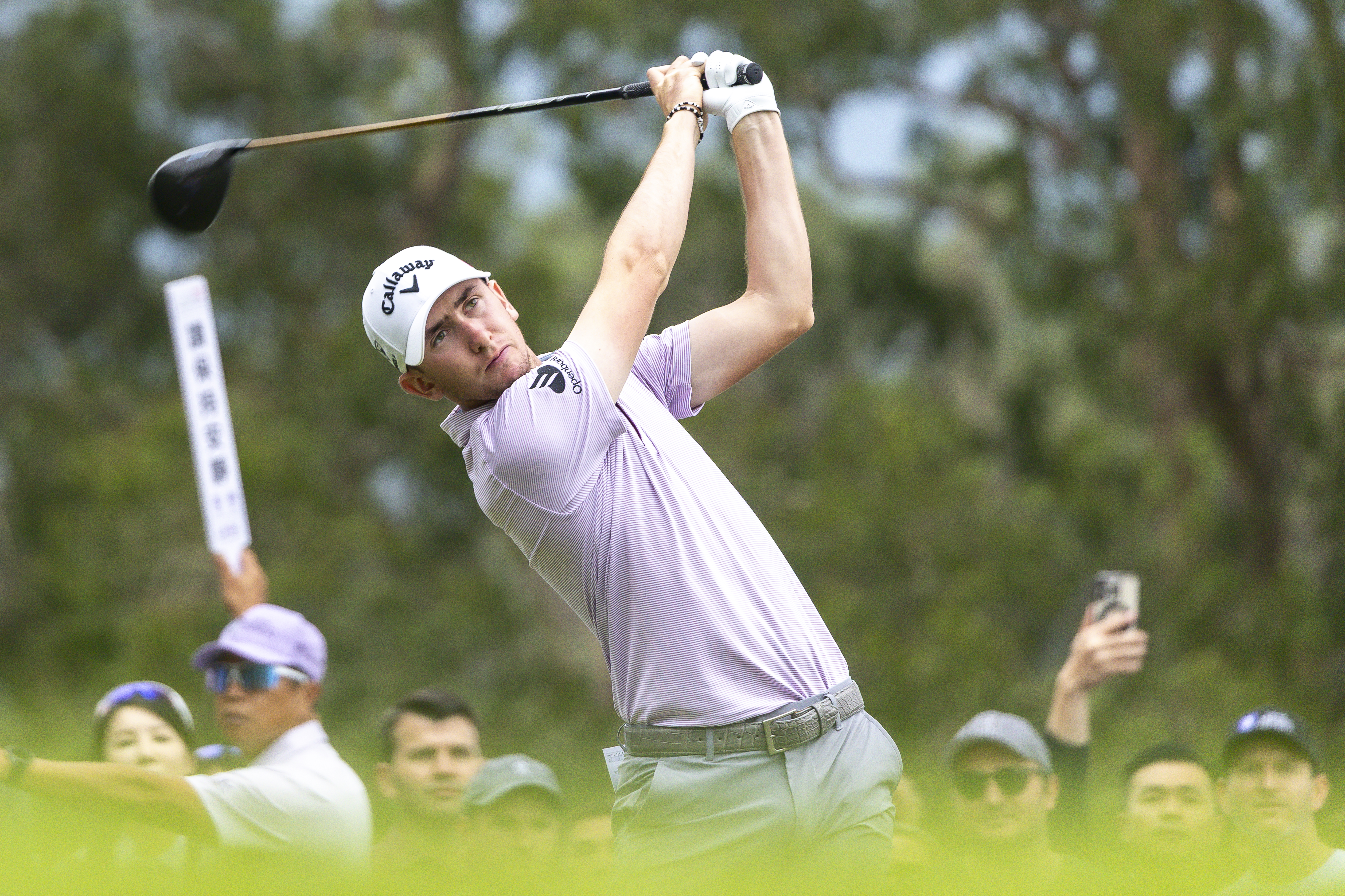 Tom McKibbin hits a driver off the tee