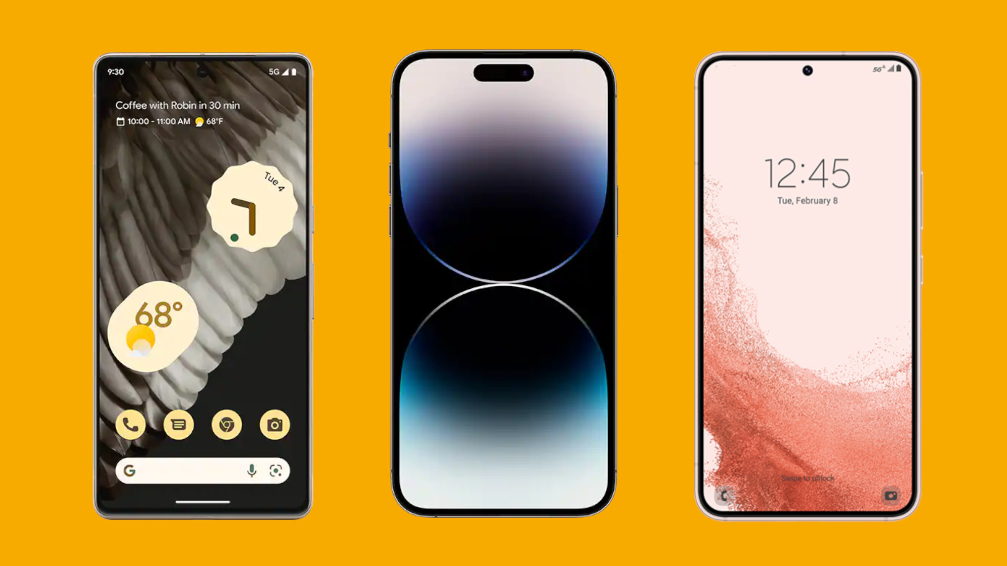 iPhone 14 Pro, Google Pixel 7, Galaxy S22 on a yellow background