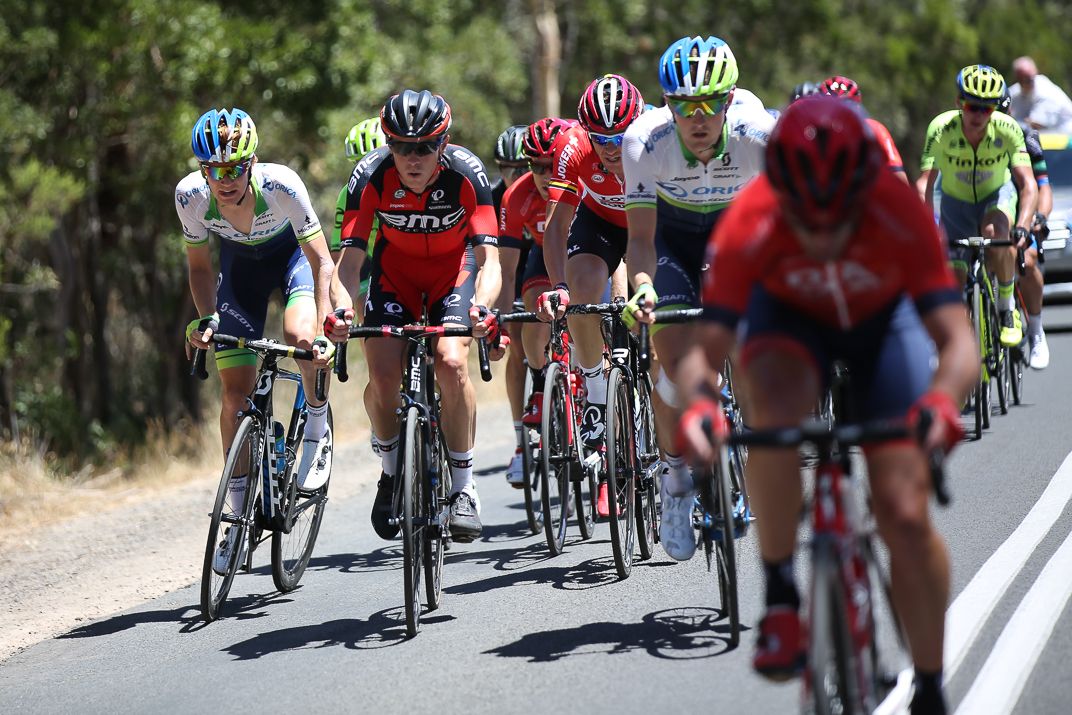 Rohan Dennis (BMC Racing) is marked by Orica GreenEdge