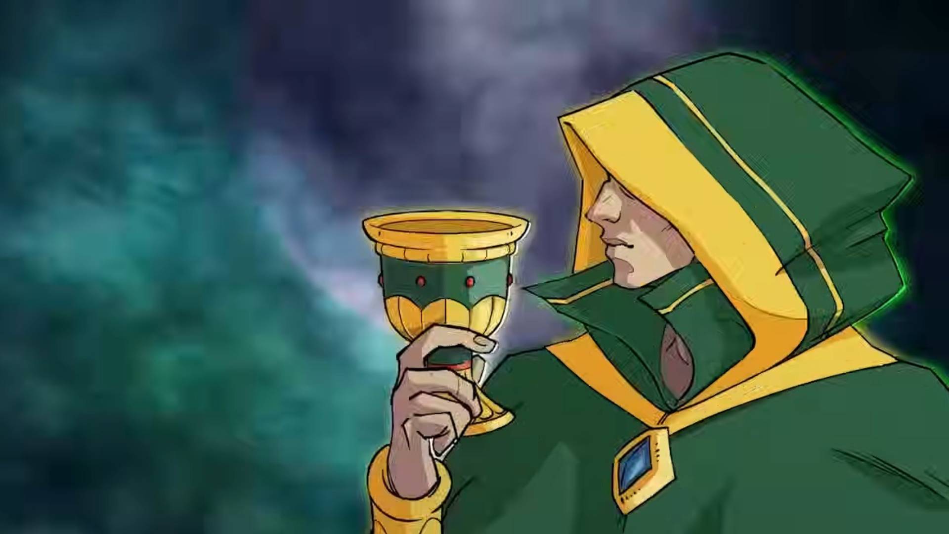 Cropped Vampire Crawlers launch trailer screenshot shows art of a character holding a goblet, wearing a green and yellow hooded cloak.