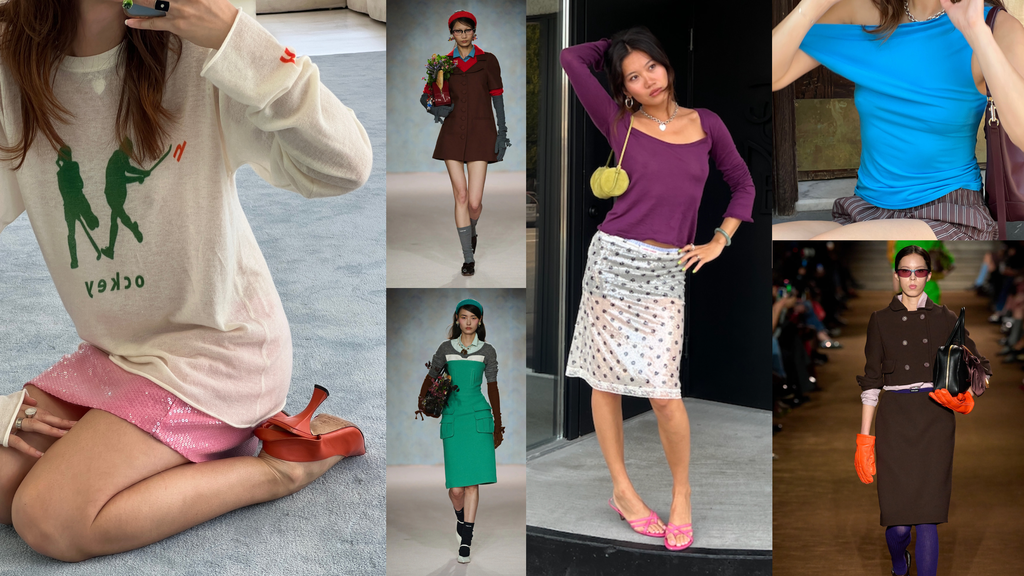 a collage of unexpected color combinations from Vivian Li, Shushu/Tong, and Miu Miu