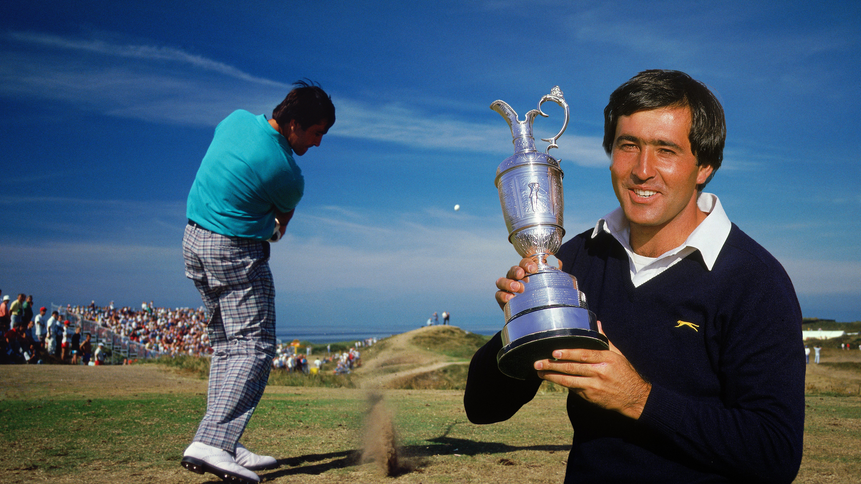 Seve Ballesteros hitting a tee shot at Royal Troon during the Open Championship with an inset image of Seve Ballesteros posing with the Claret Jug