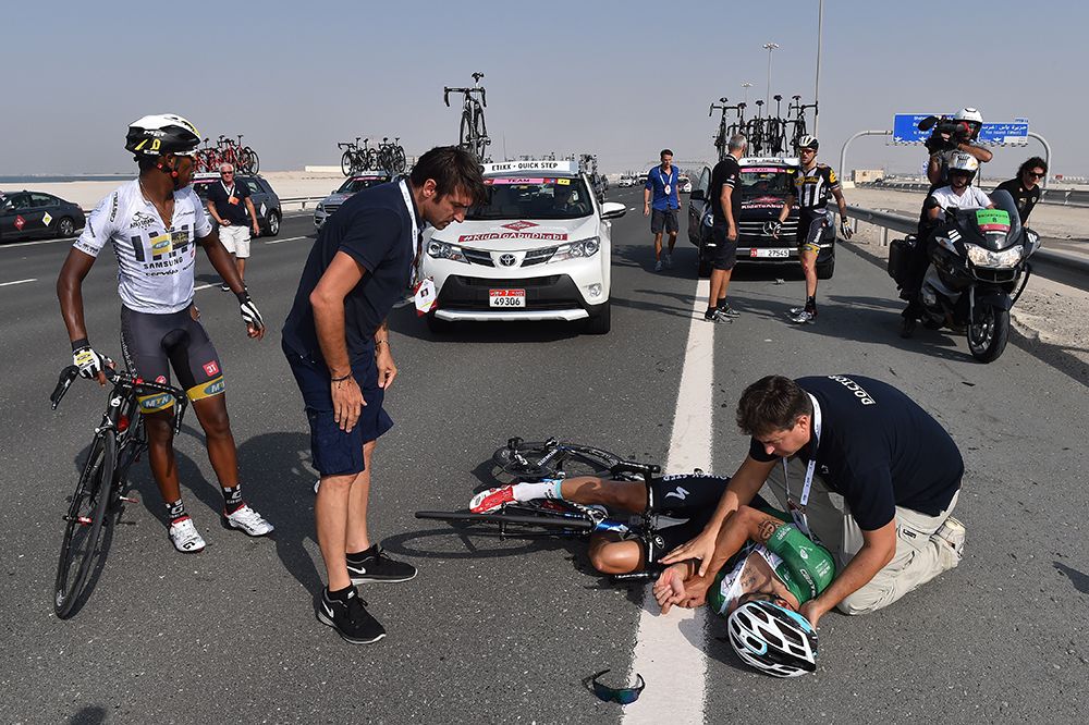 Tom Boonen needed medical assistance after his crash on stage 2 of the Abu Dhabi Tour